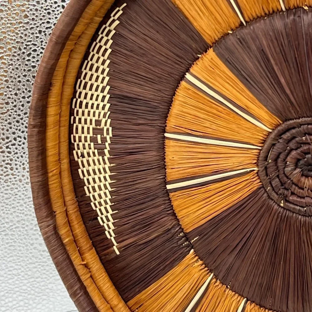 Vintage Basket Hand Woven Tray Round Design Black Raffia Natural Grass 12” Wall